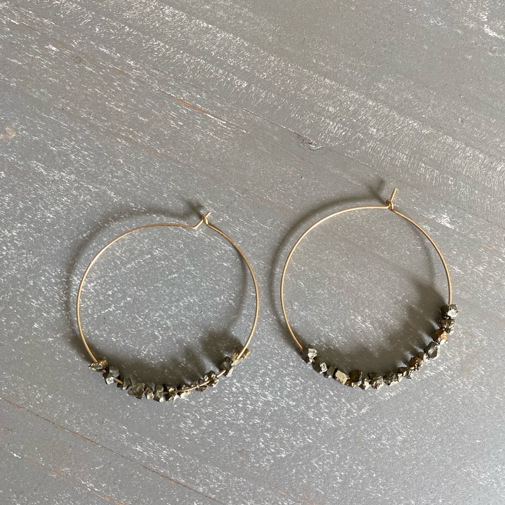 Jersey Shore Boutique Handmade Thin Gold Hoop Earrings with Green Stone Accent